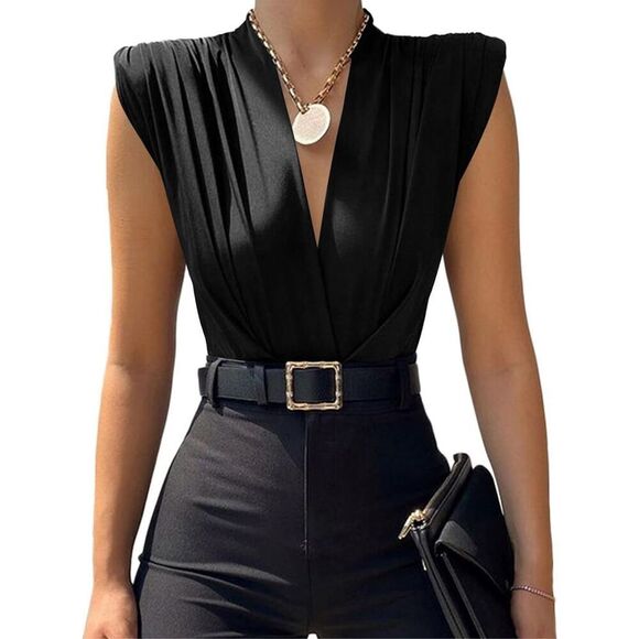 NEW Shoulder pads Ruched Sleeveless Tank Leotard Bodysuit Top XL - Picture 1 of 6